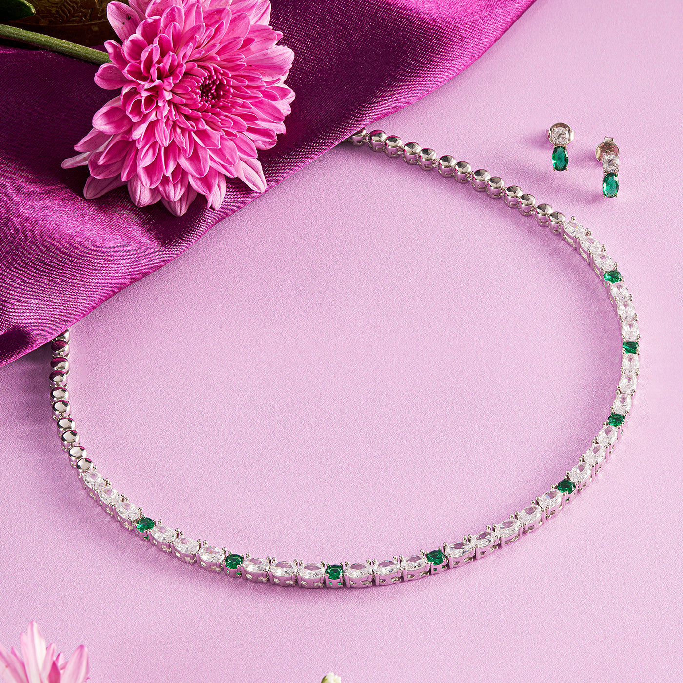 Brilliant White Stone Necklace & Earring Set in Sterling Silver