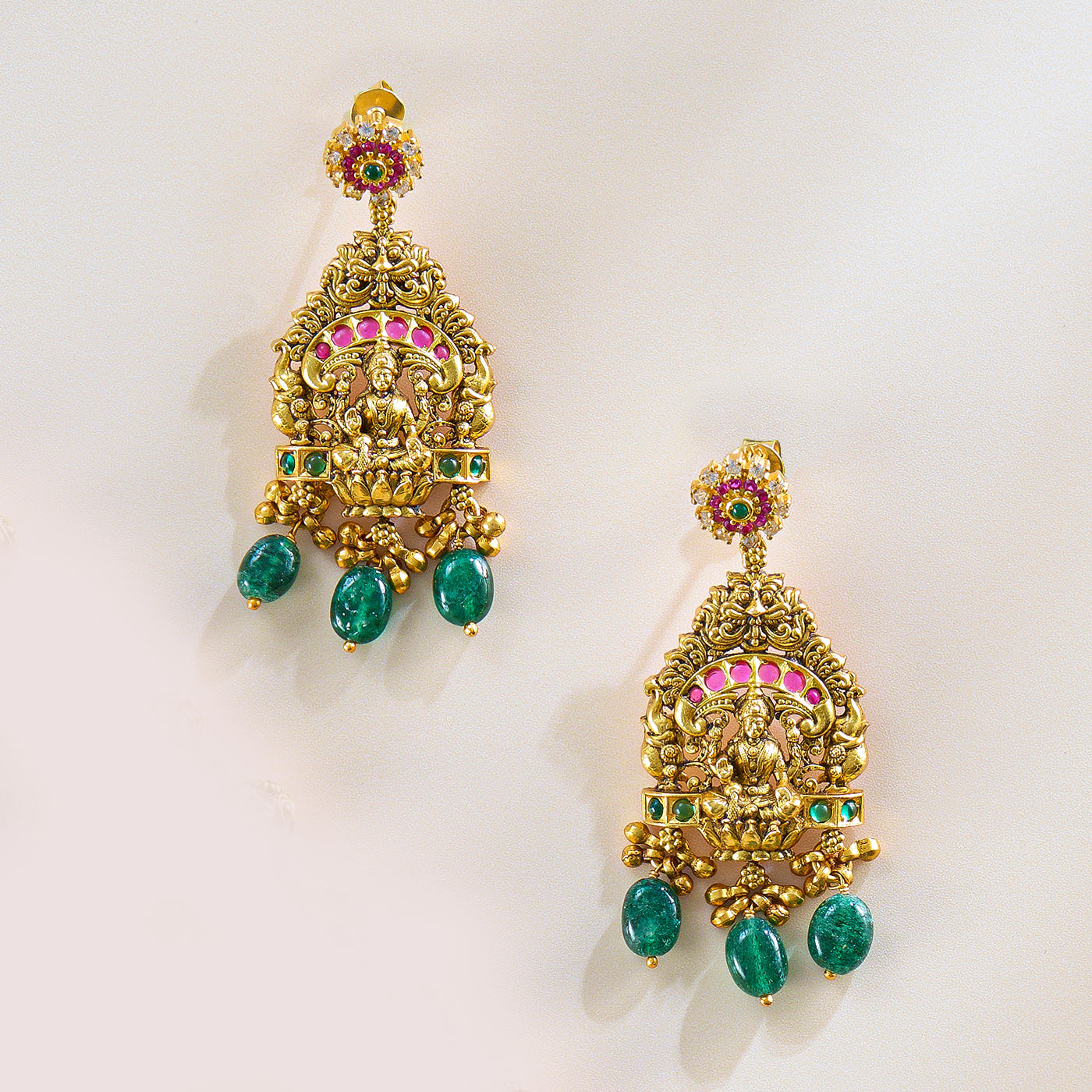 Lakshmi Temple Pendant Set in Antique Gold with Green Drops