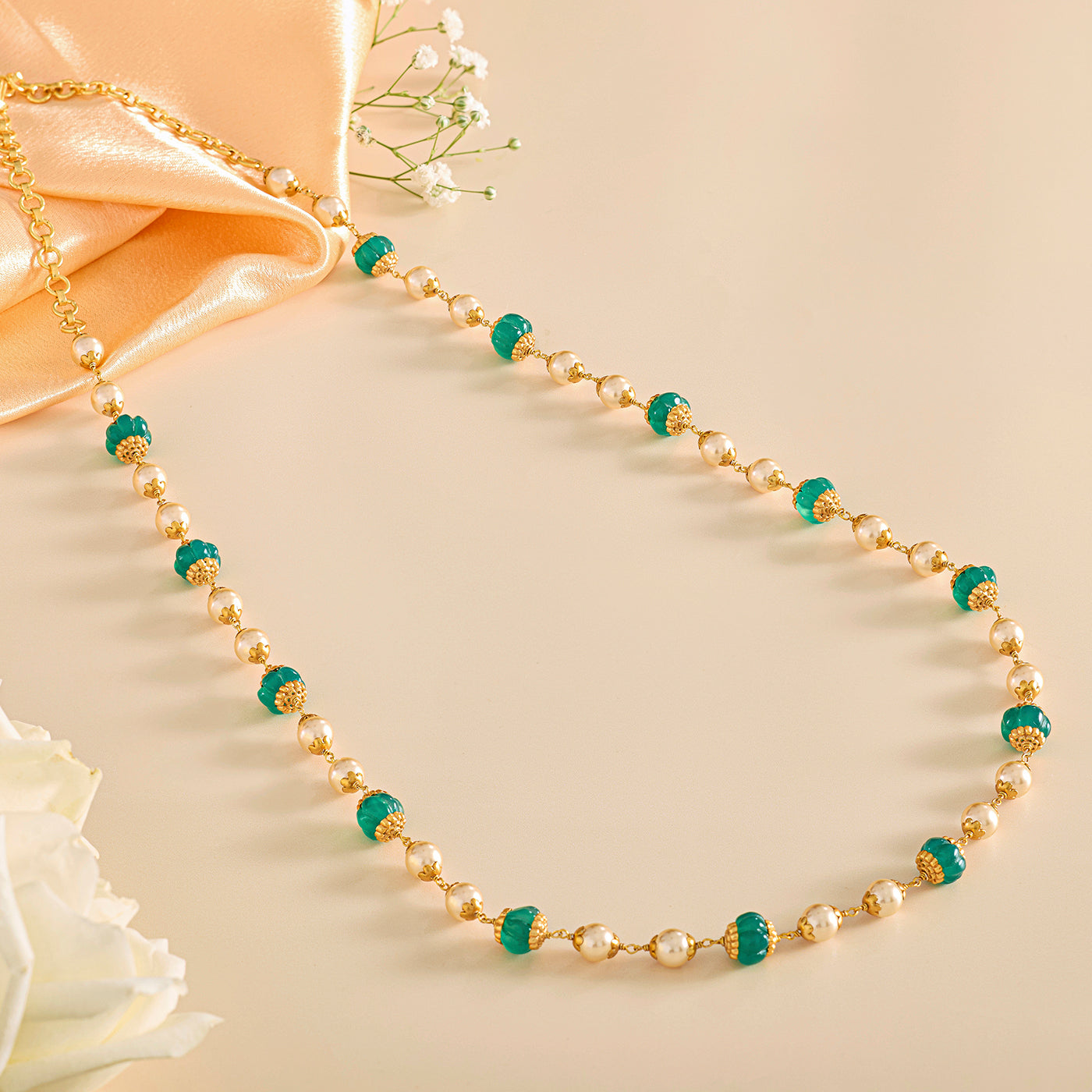 Pearl Mala with Green Semi-Precious Accents
