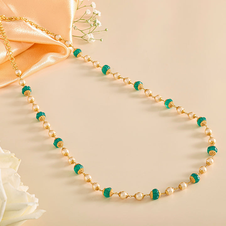 Pearl Mala with Green Semi-Precious Accents