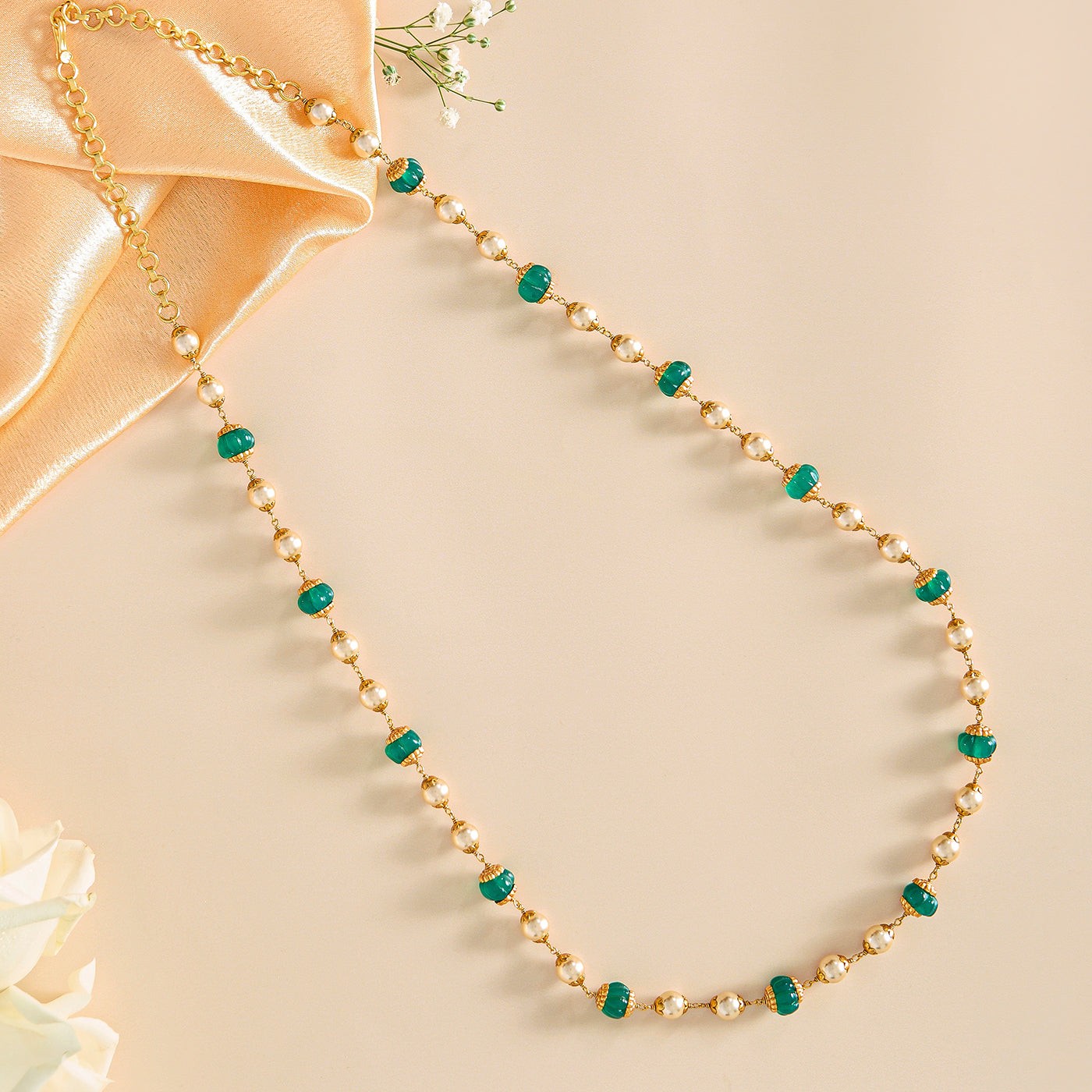 Pearl Mala with Green Semi-Precious Accents