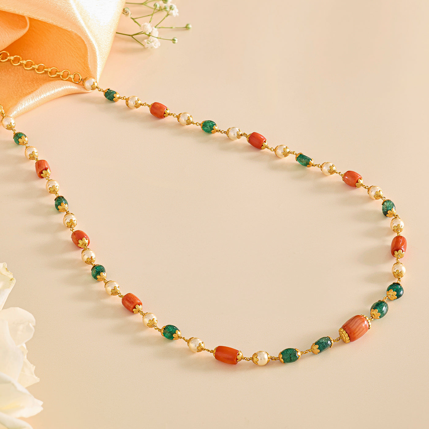 Vibrant Coral Beads Mala with Green and Gold Details