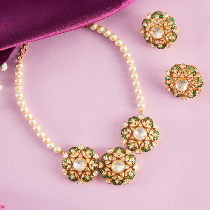 Graceful Moissanite Pearl Choker Necklace and Earring Set