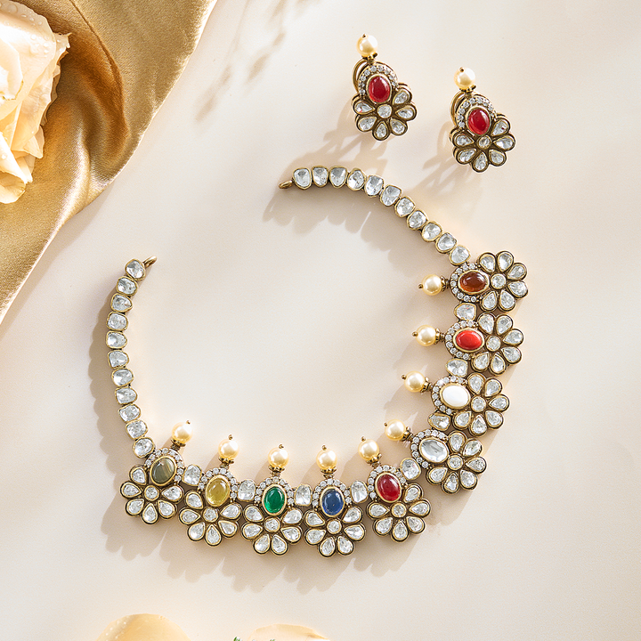 Elegant Navratna Necklace Set