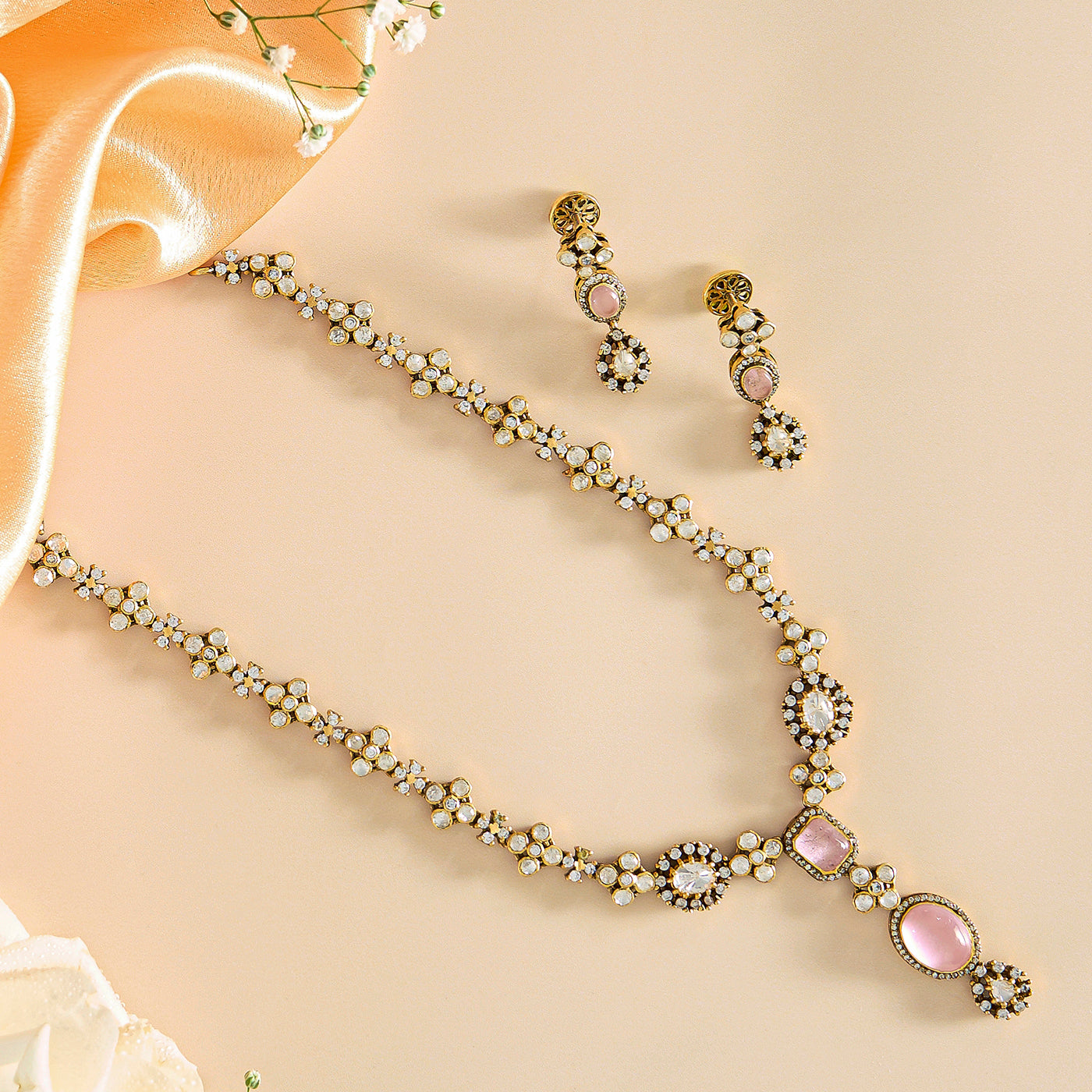 Elegance Victorian Moissanite Necklace Set in Pink