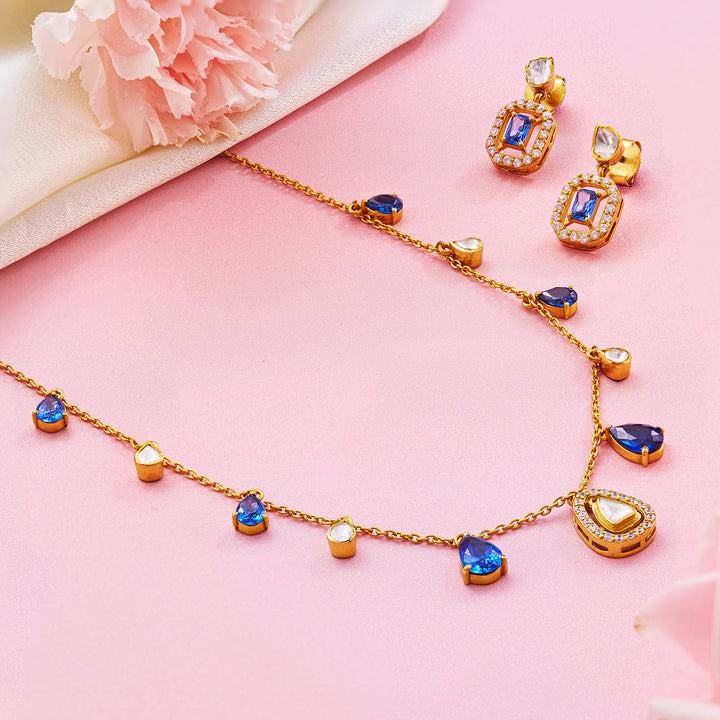 Blue and White Teardrop Necklace Set with Moissanite Accents