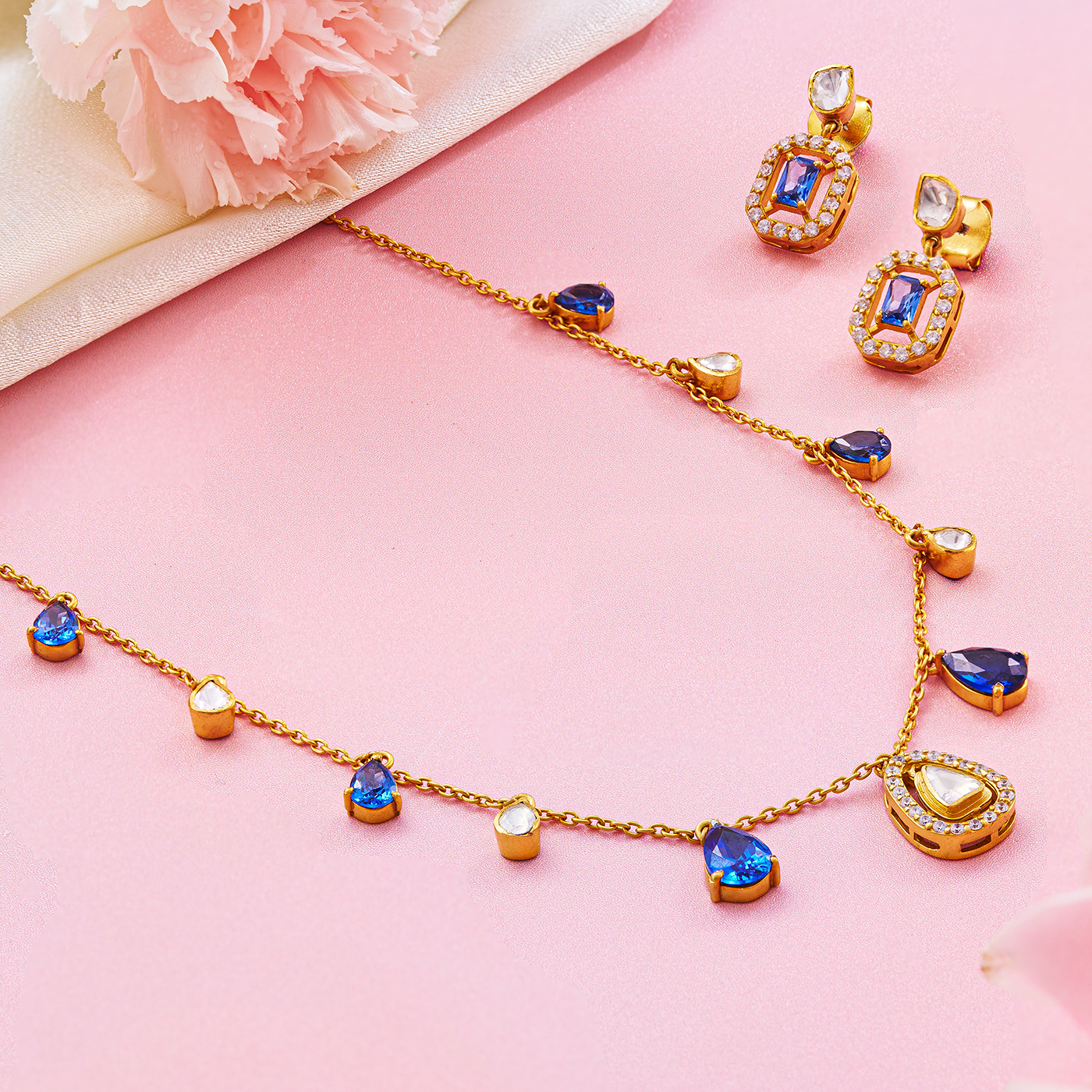 Blue and White Teardrop Necklace Set with Moissanite Accents