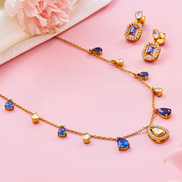 Blue and White Teardrop Necklace Set with Moissanite Accents