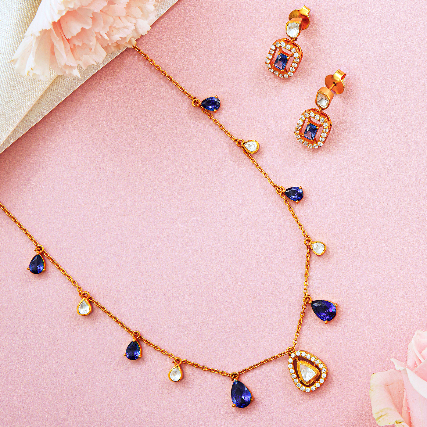 Blue and White Teardrop Necklace Set with Moissanite Accents