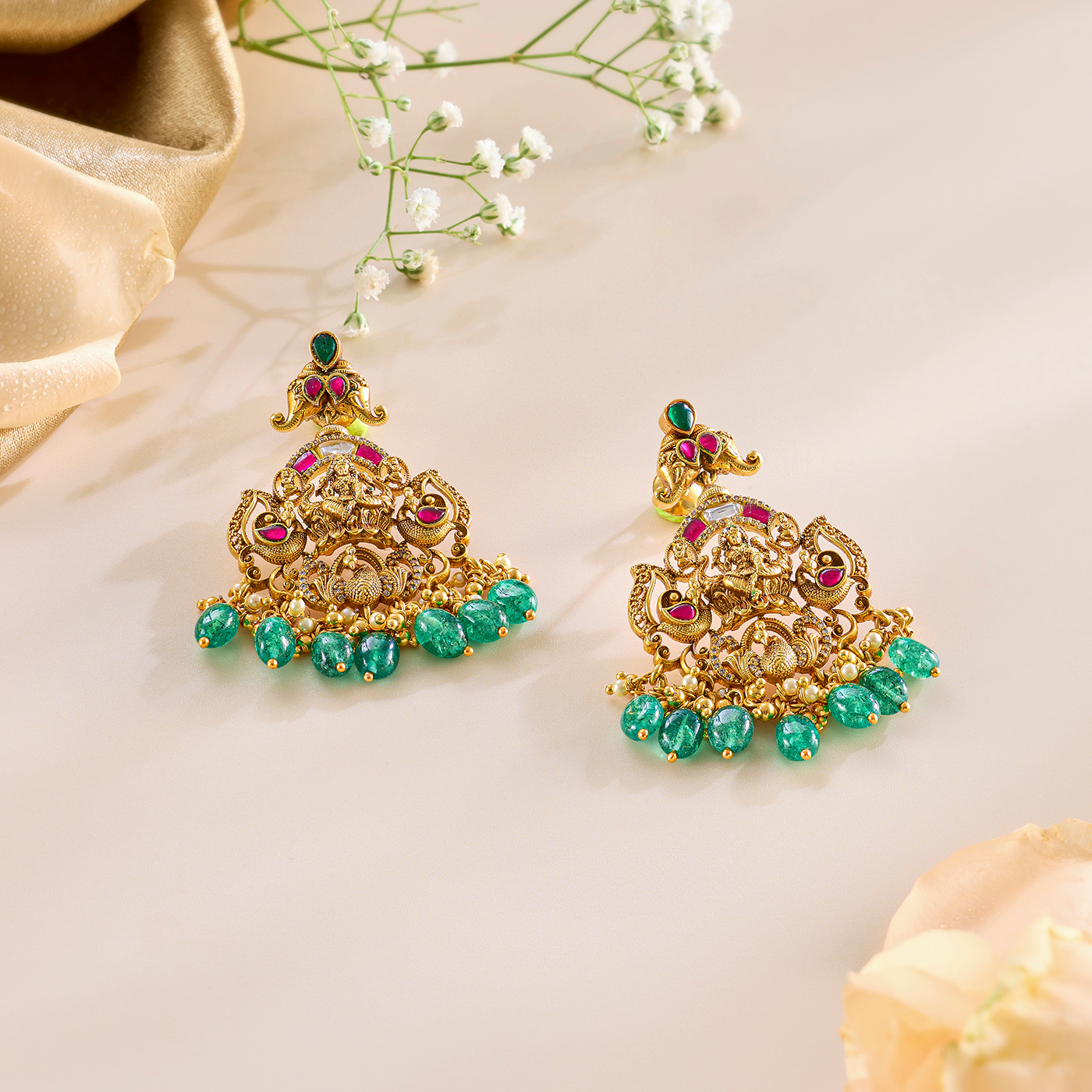 Imperial Pendant and Earring Set in Antique Lakshmi Design with Kundan Detailing