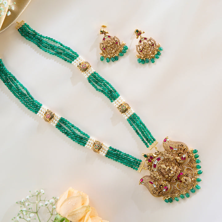 Imperial Pendant and Earring Set in Antique Lakshmi Design with Kundan Detailing