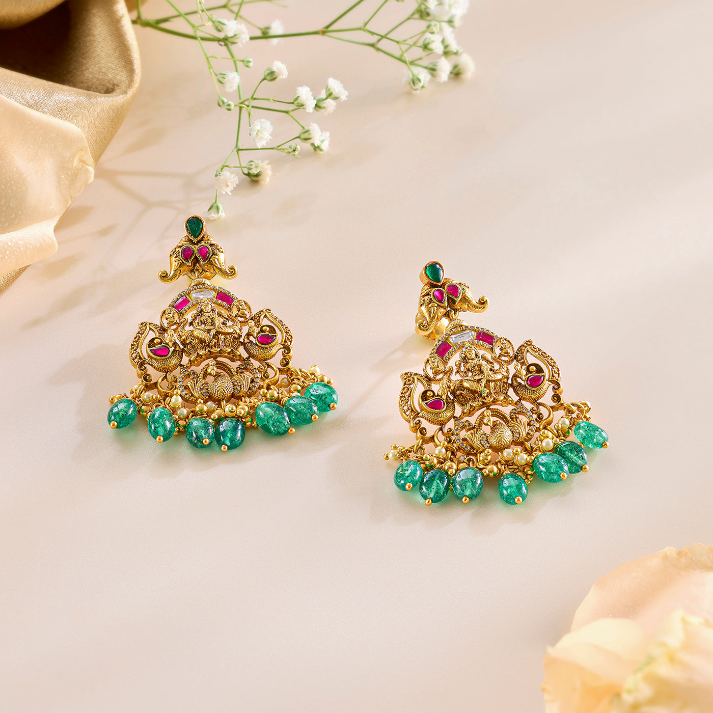 Imperial Pendant and Earring Set in Antique Lakshmi Design with Kundan Detailing