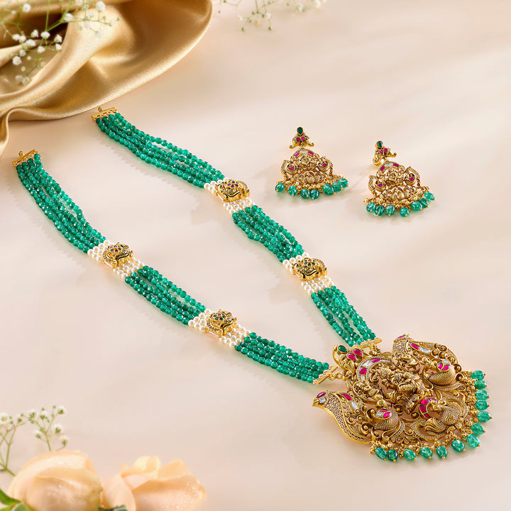 Imperial Pendant and Earring Set in Antique Lakshmi Design with Kundan Detailing