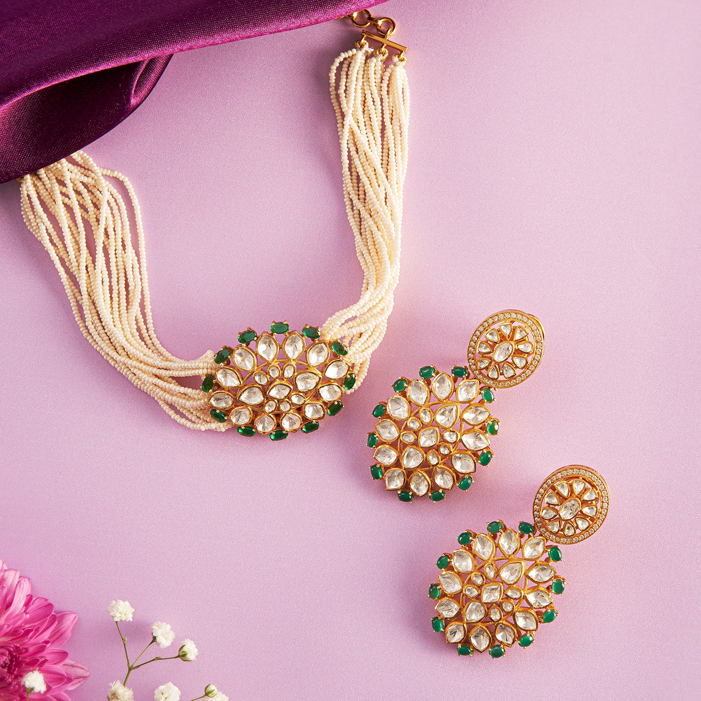 Verdant Glow Pearl Choker Necklace & Earring  Set