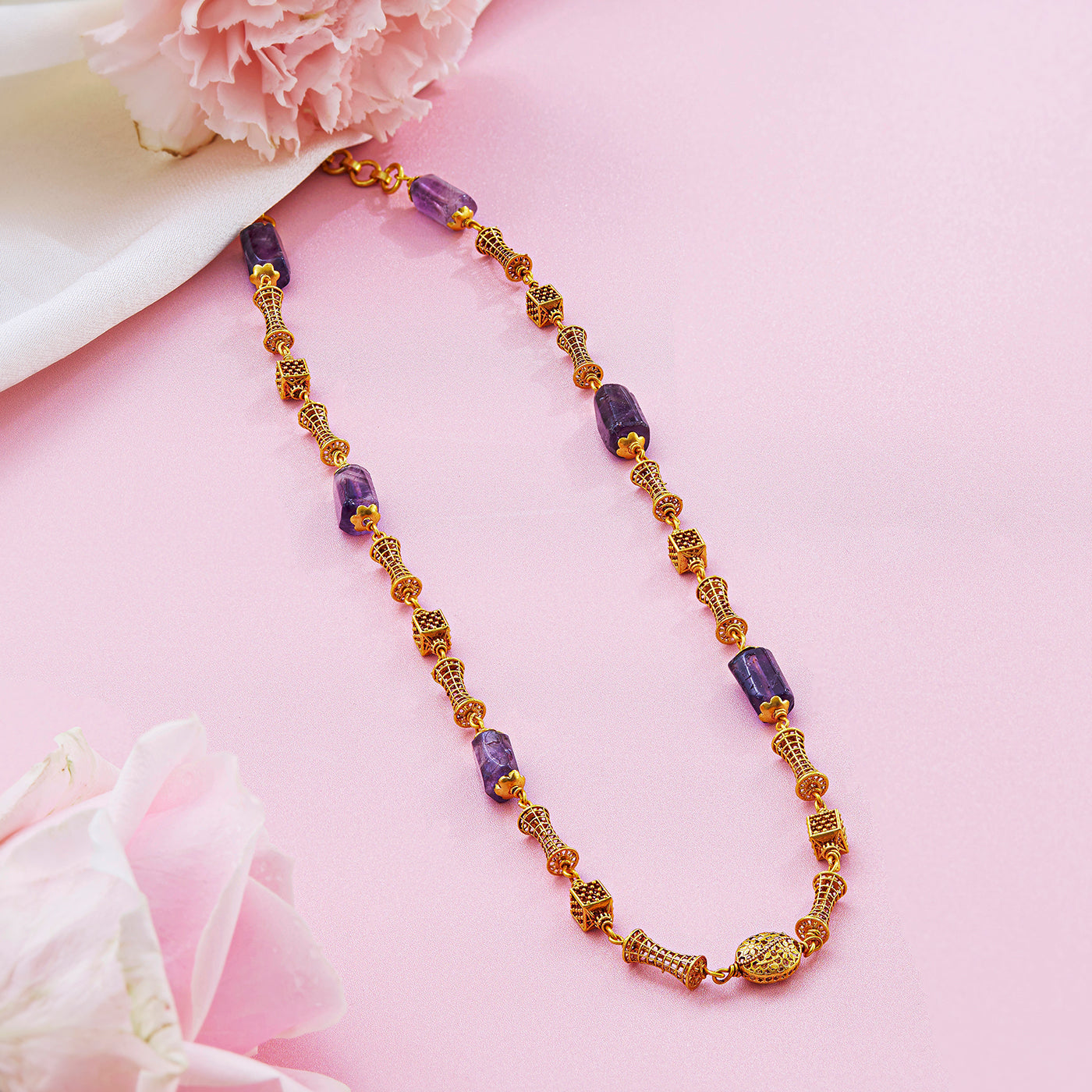 Classic Gold Beads Mala with Purple Semi-Precious Accents
