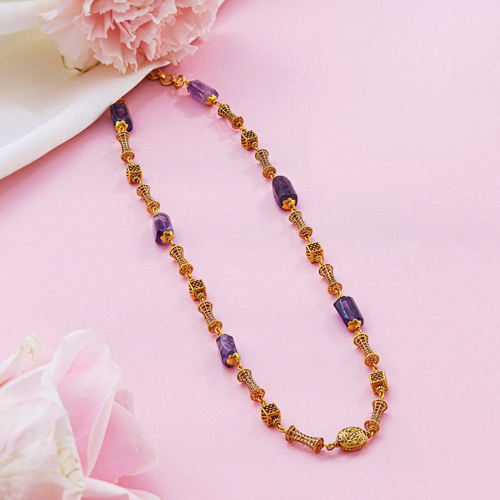 Classic Gold Beads Mala with Purple Semi-Precious Accents