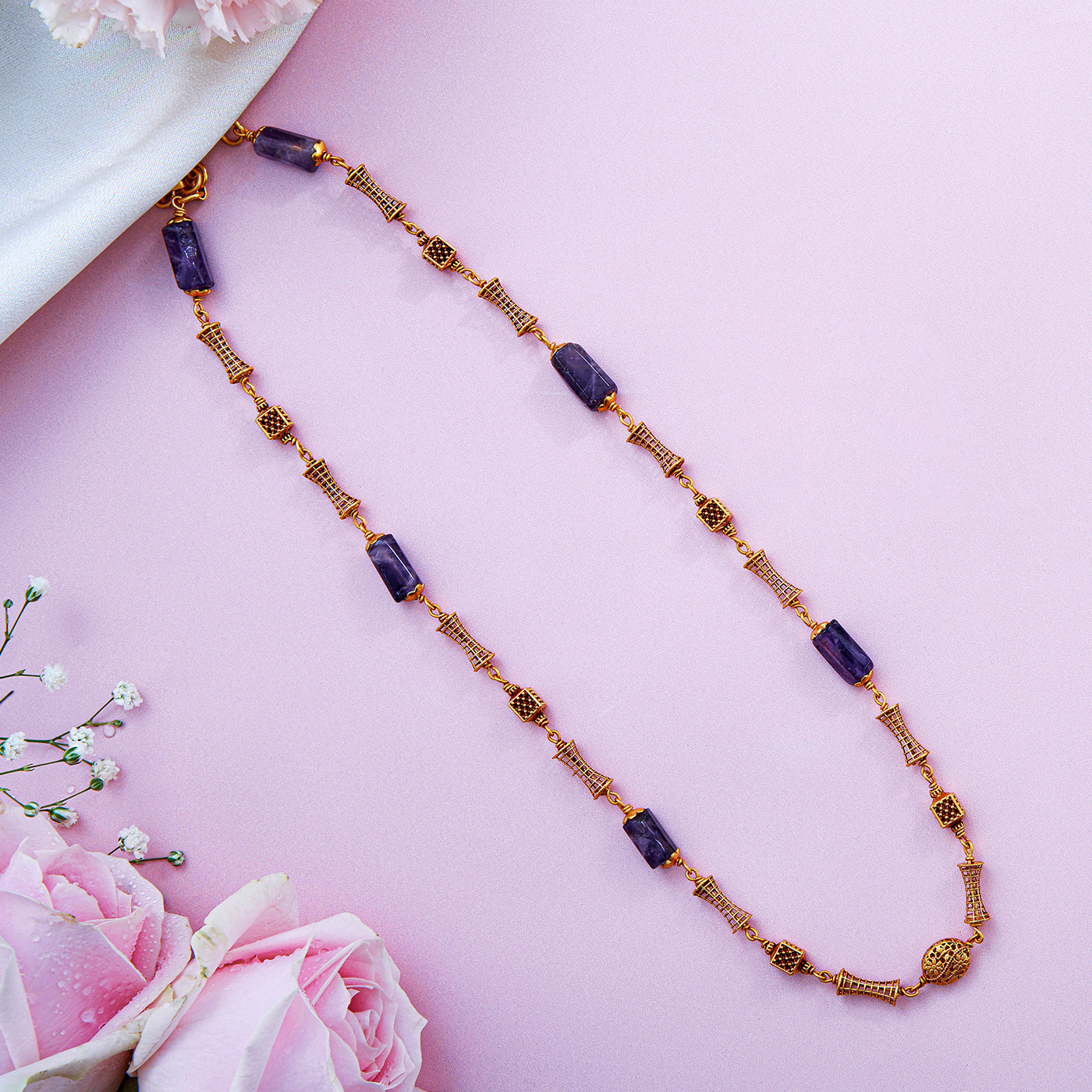 Classic Gold Beads Mala with Purple Semi-Precious Accents