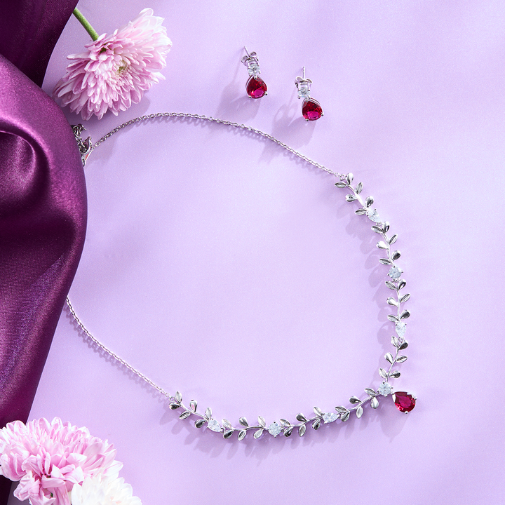 Radiant Pink Leaf Cascade Necklace & Earring Set
