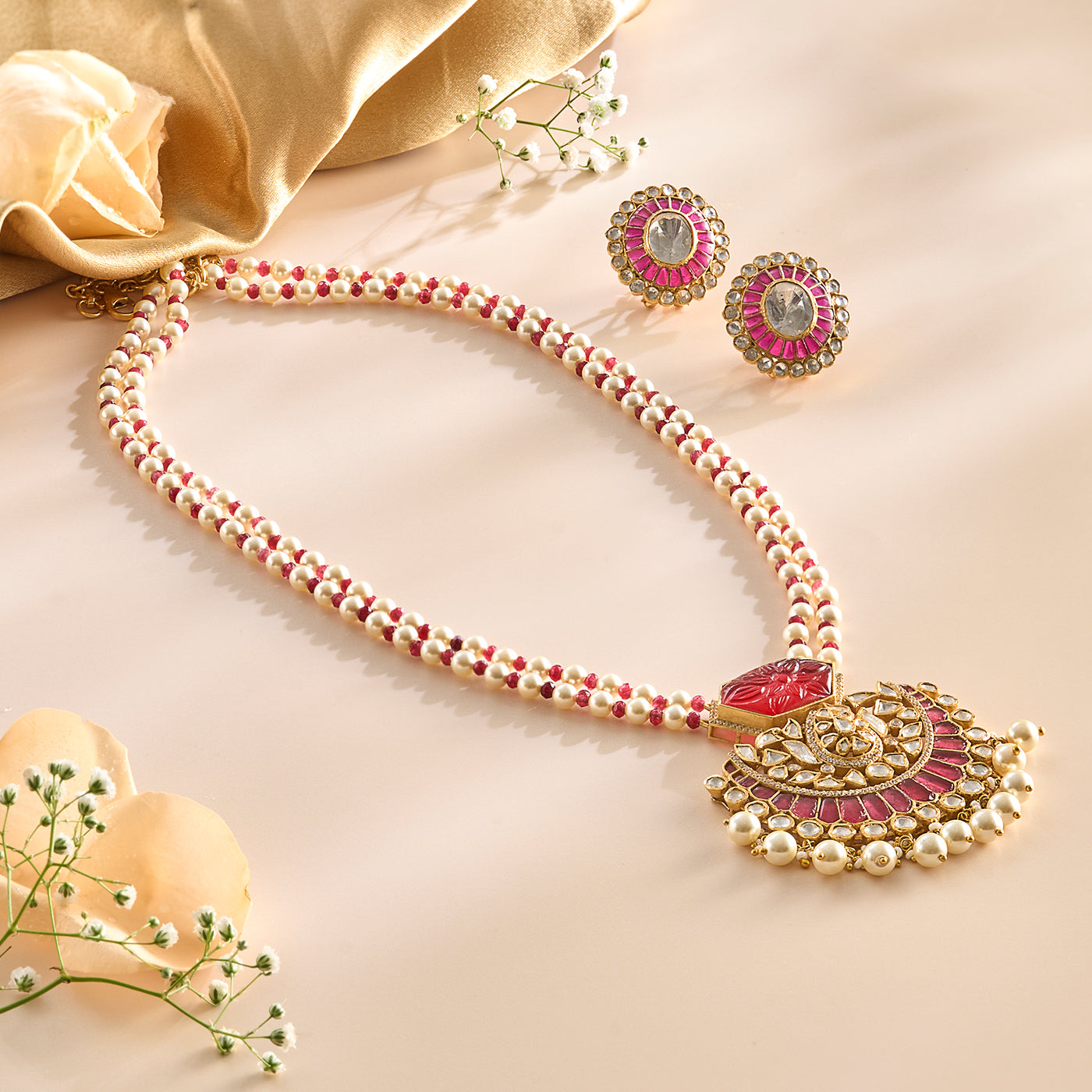 Crimson Polki Pearl Pendant Necklace Set