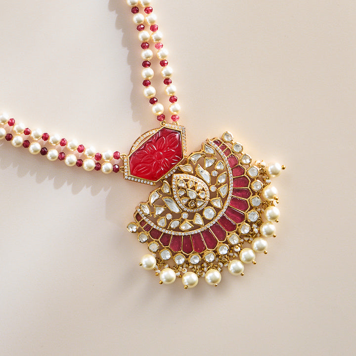 Crimson Polki Pearl Pendant Necklace Set
