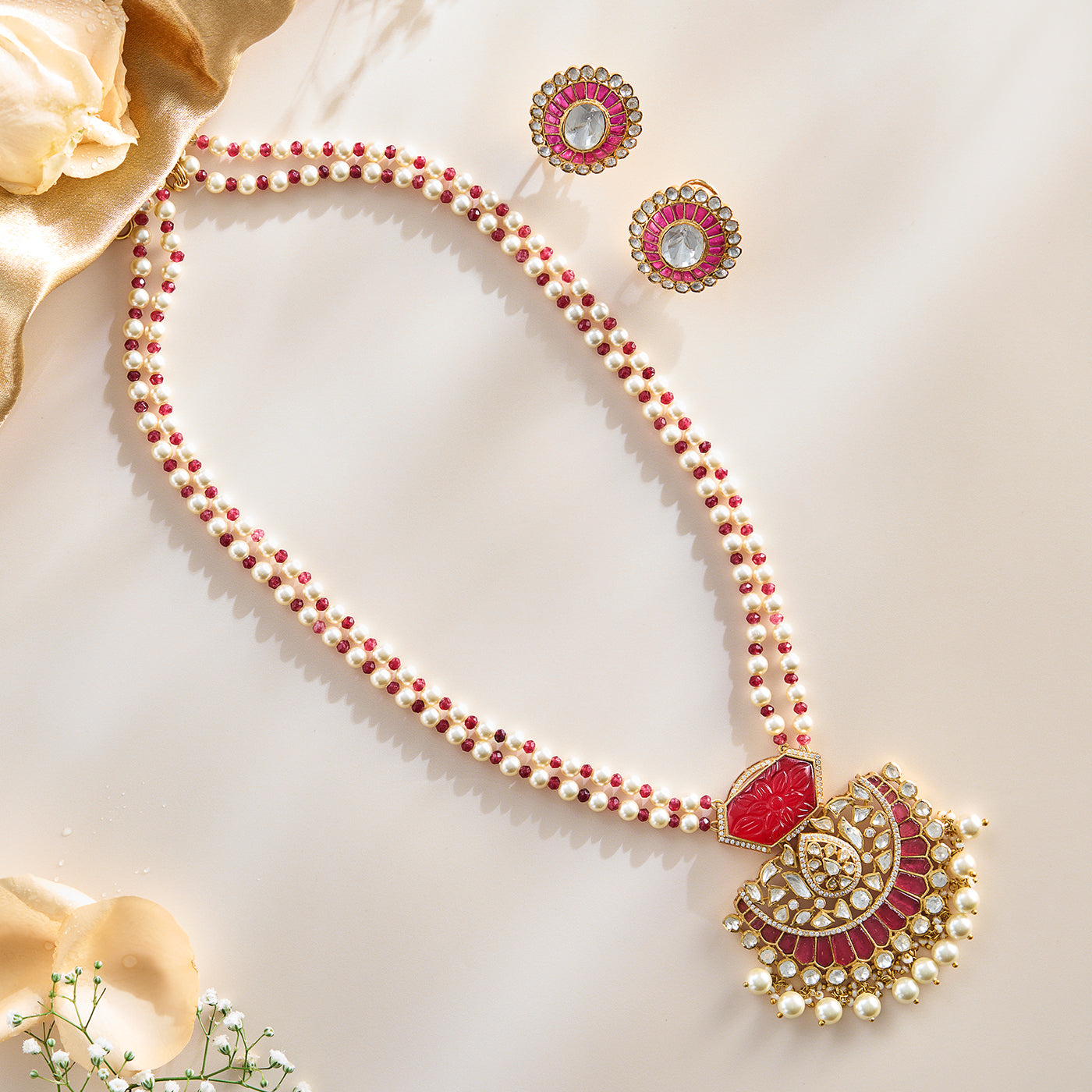 Crimson Polki Pearl Pendant Necklace Set