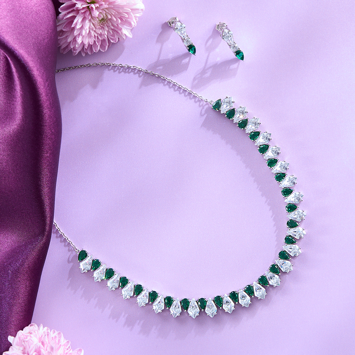 Emerald Radiance Green Stone Bridal Necklace & Earrings