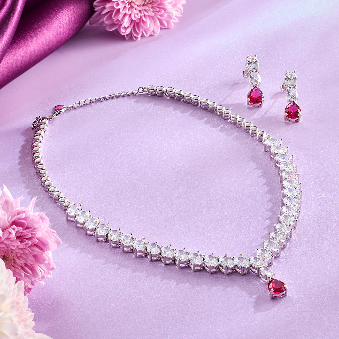 Radiant Red and White Cubic Zirconia Necklace Set
