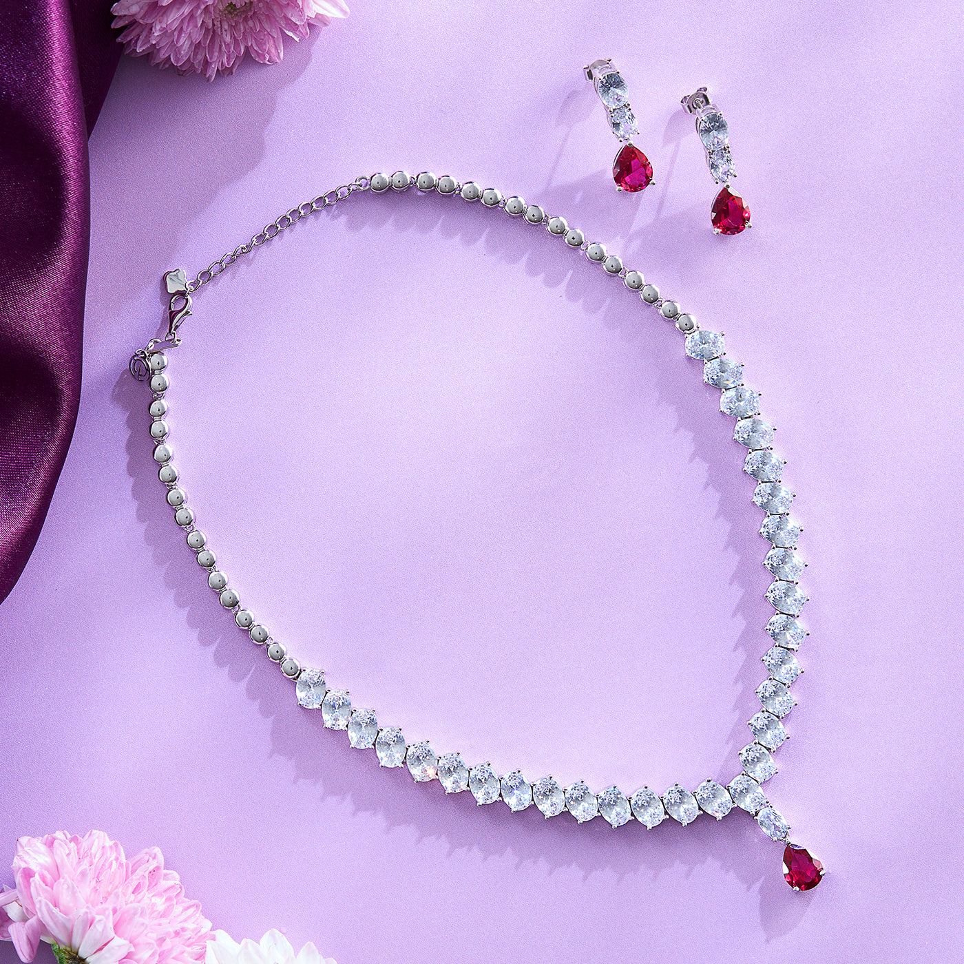 Radiant Red and White Cubic Zirconia Necklace Set