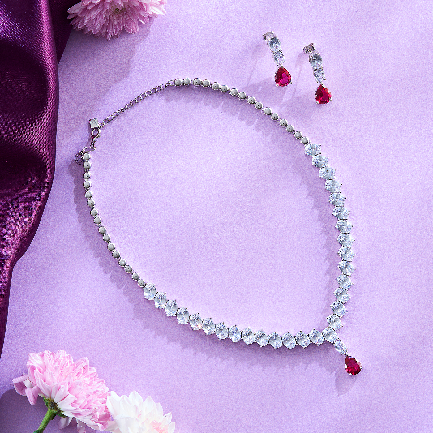 Radiant Red and White Cubic Zirconia Necklace Set