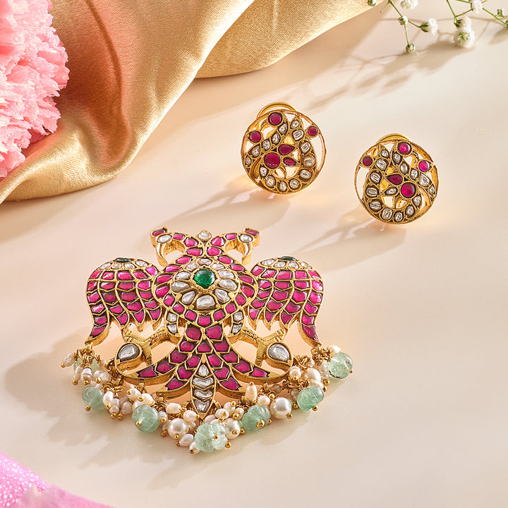 Majestic Kundan Eagle Pendant Set with Moissanite Accents