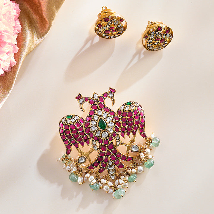Majestic Kundan Eagle Pendant Set with Moissanite Accents