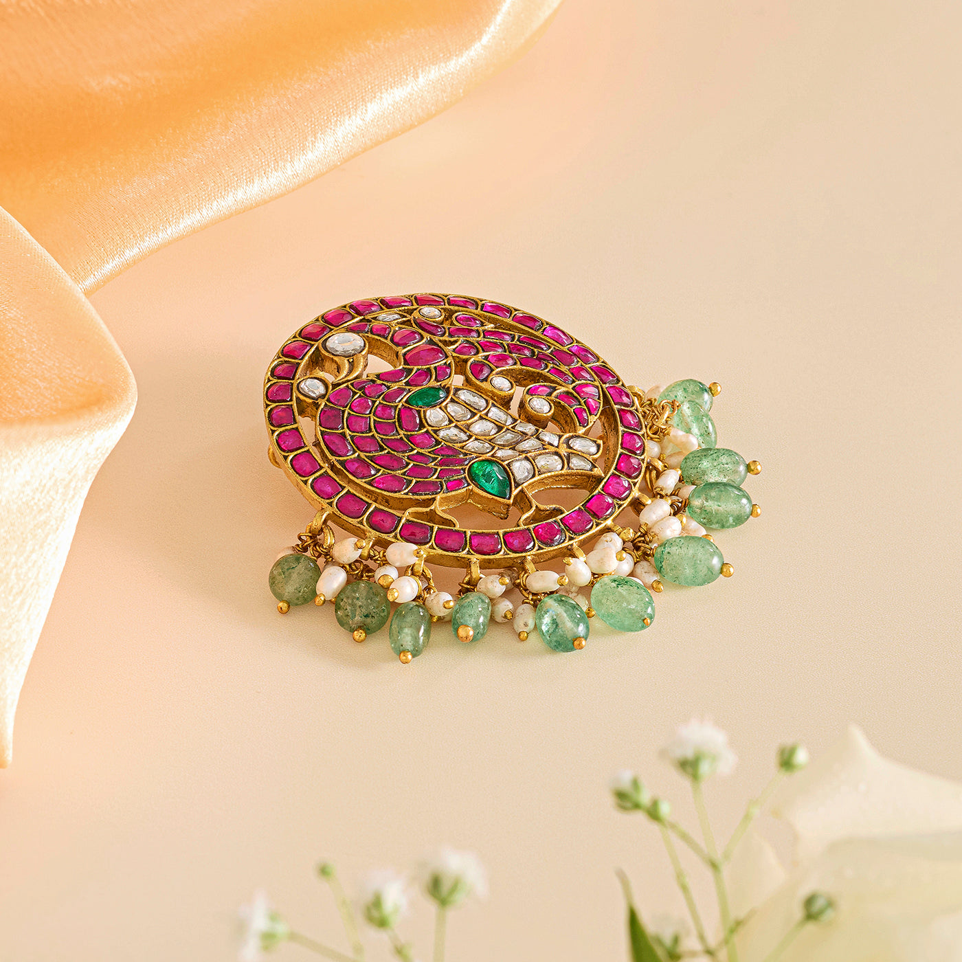 Elegant Peacock Pendant with Pink and Green Flourishes