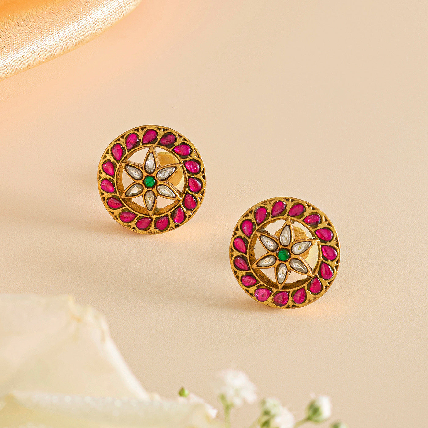 Pink Stone kundan Pendant Set with Green and White Accents