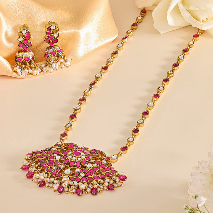 Ornate Pink Kundan Pendant Set with Traditional Jhumka Earrings