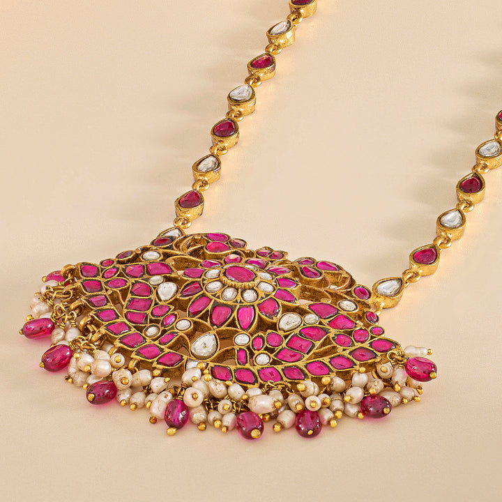 Ornate Pink Kundan Pendant Set with Traditional Jhumka Earrings