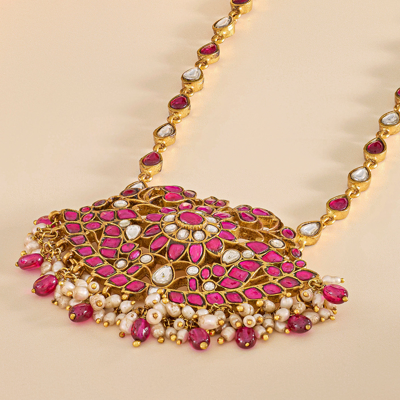 Ornate Pink Kundan Pendant Set with Traditional Jhumka Earrings