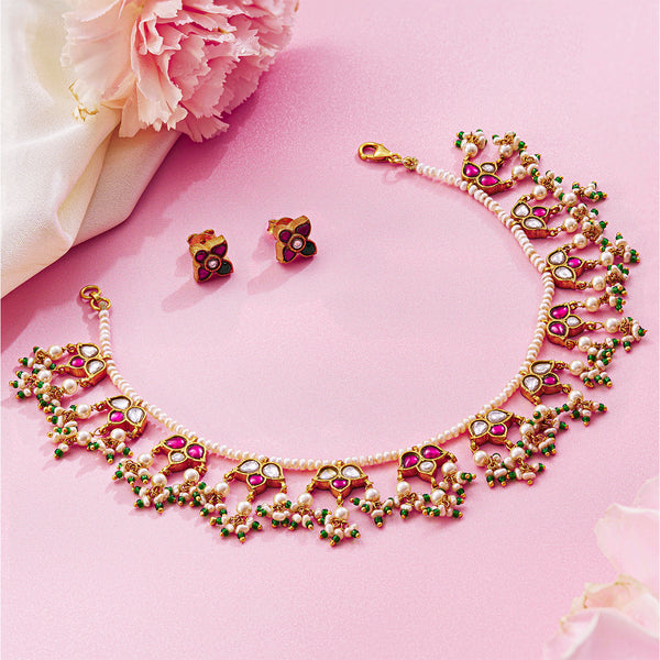 Exquisite Kundan Pearl Necklace Set with Traditional Goldwork