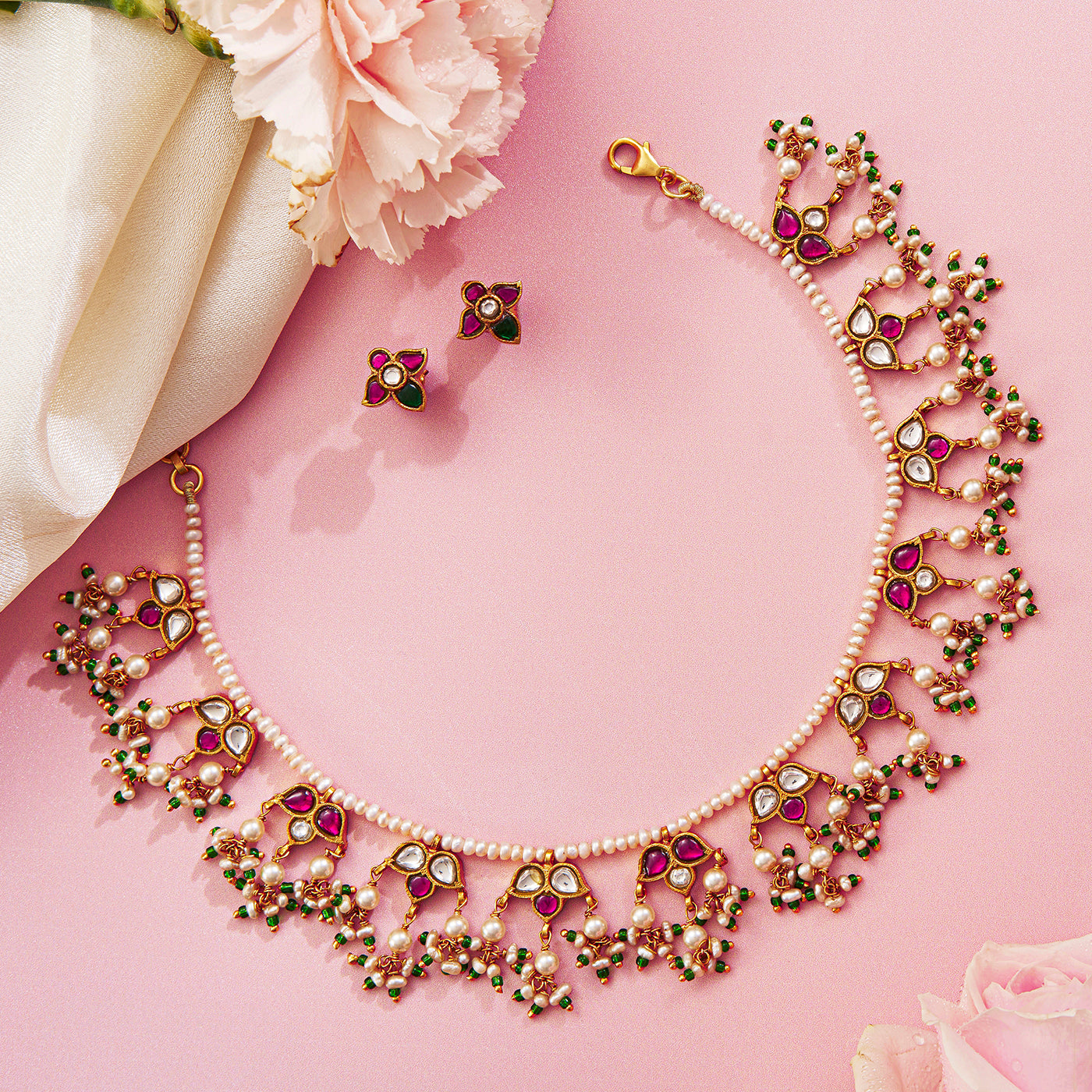 Exquisite Kundan Pearl Necklace Set with Traditional Goldwork