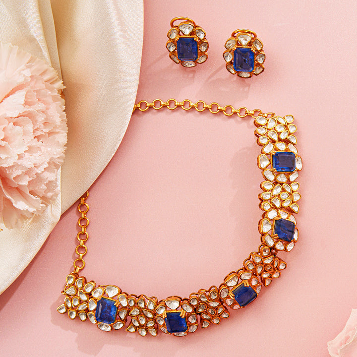 Majestic Royal Blue Stone Choker Necklace with Moissanite Accents