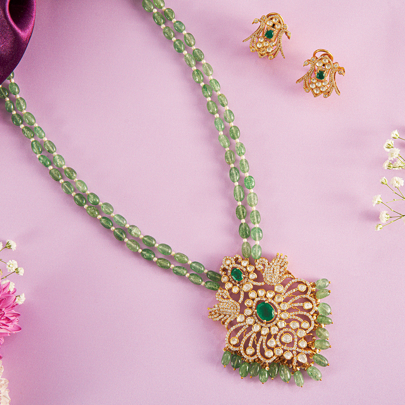 Verdant Layer Green Beaded Moissanite Pendant Necklace set