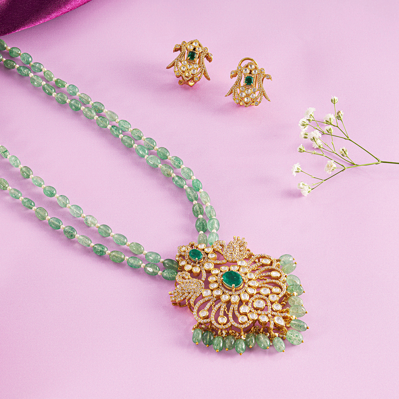 Verdant Layer Green Beaded Moissanite Pendant Necklace set
