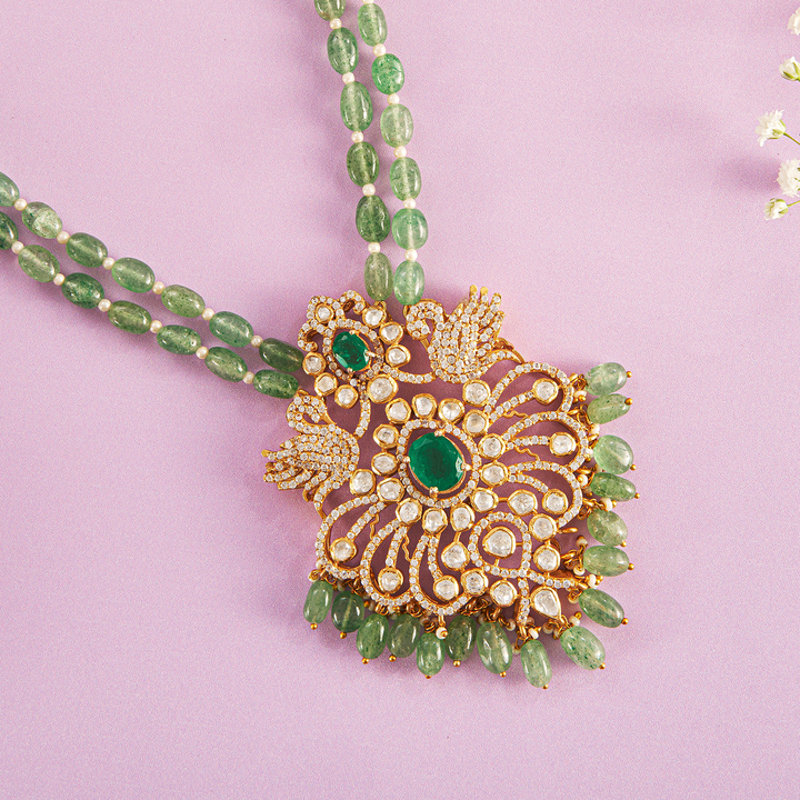 Verdant Layer Green Beaded Moissanite Pendant Necklace set