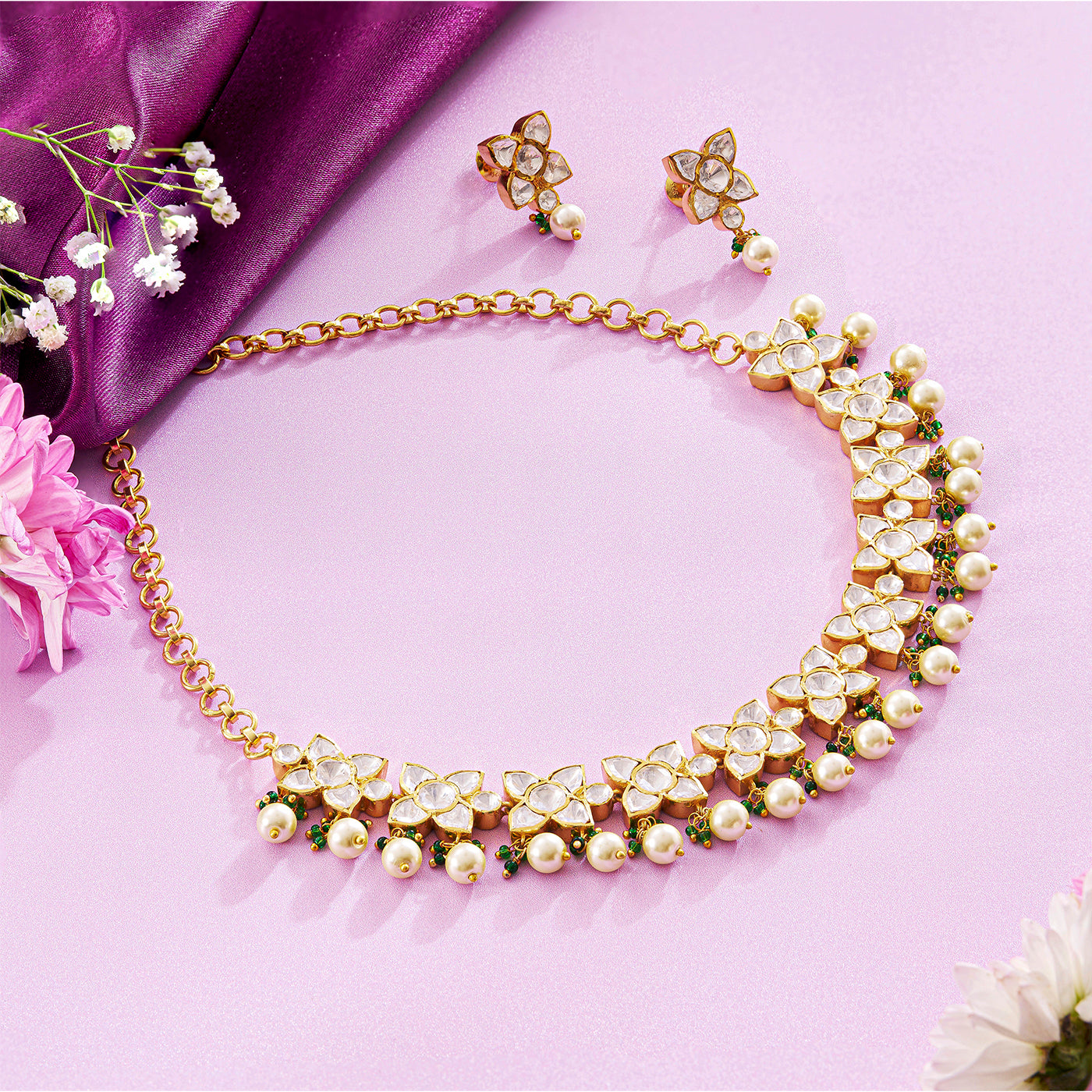 Luminous Golden Pearl Polki Necklace Set with Moissanite