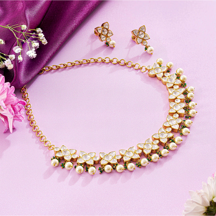 Luminous Golden Pearl Polki Necklace Set with Moissanite