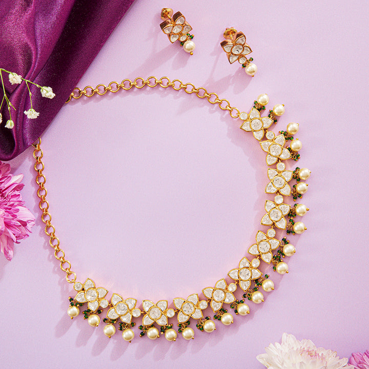 Luminous Golden Pearl Polki Necklace Set with Moissanite