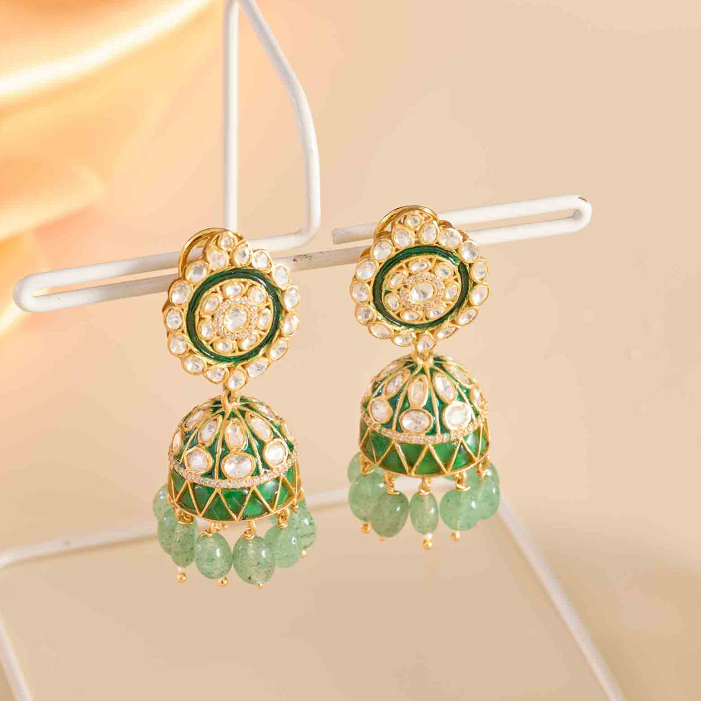 Royal Green Beads Long Necklace Set with Jhumka Earrings
