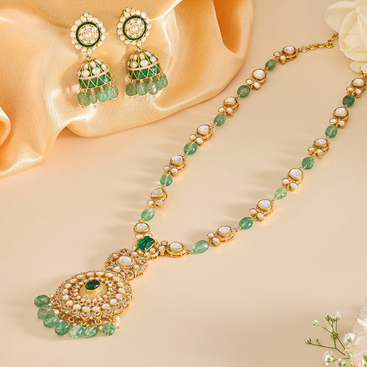Royal Green Beads Long Necklace Set with Jhumka Earrings