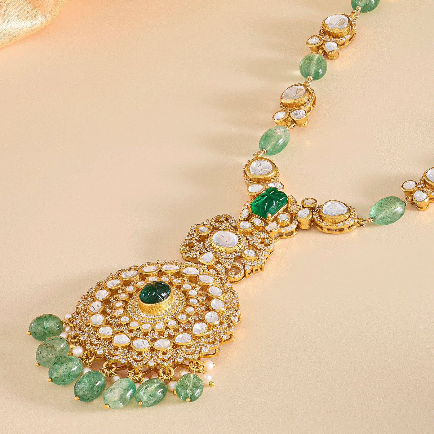 Royal Green Beads Long Necklace Set with Jhumka Earrings