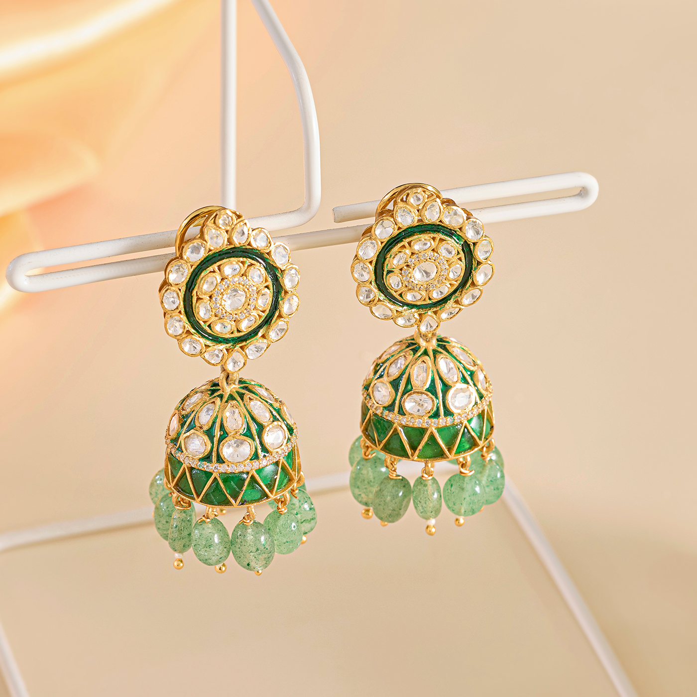 Royal Green Beads Long Necklace Set with Jhumka Earrings