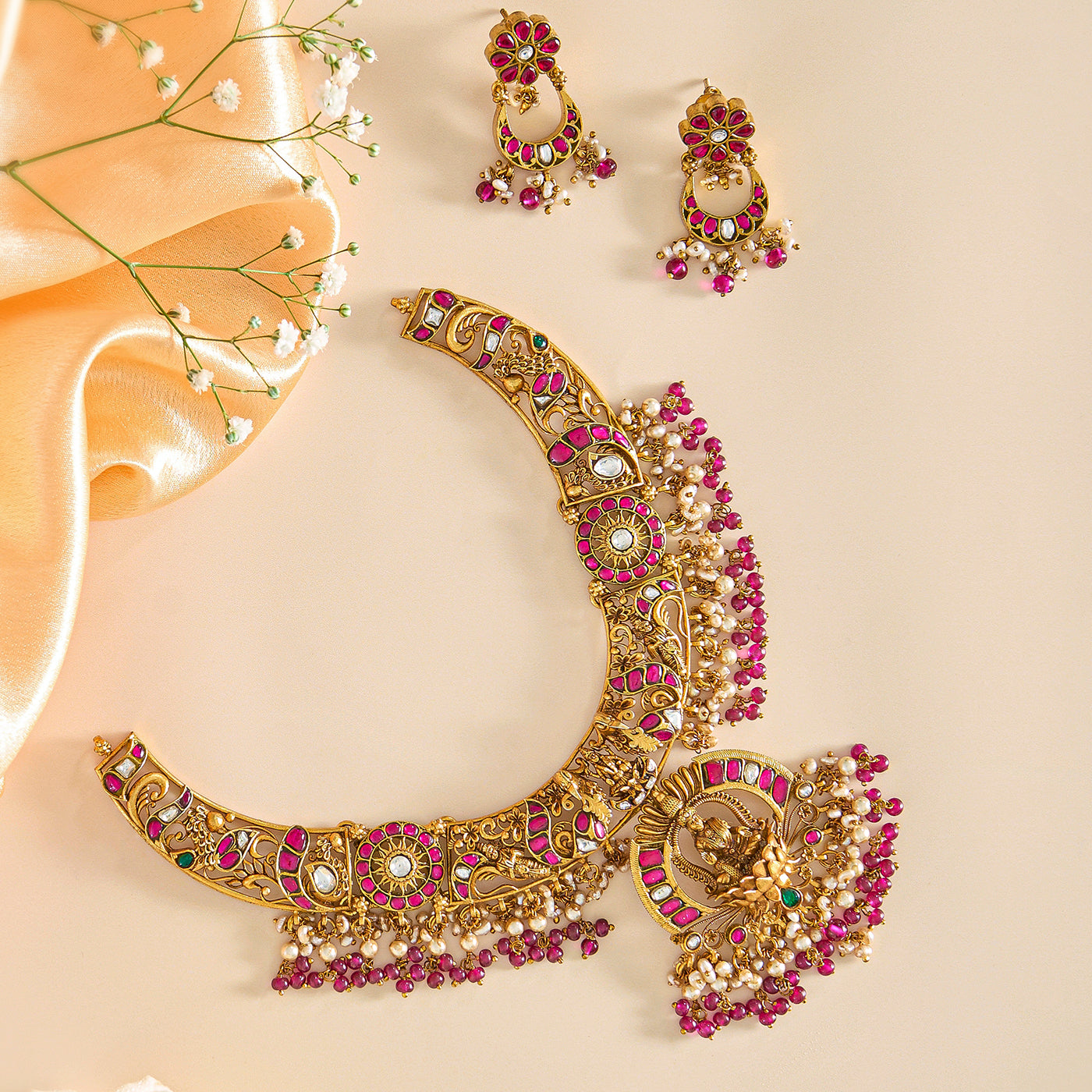 Divine 3D Kundan Lakshmi Necklace Set with Pearls and Antique Gold Finish